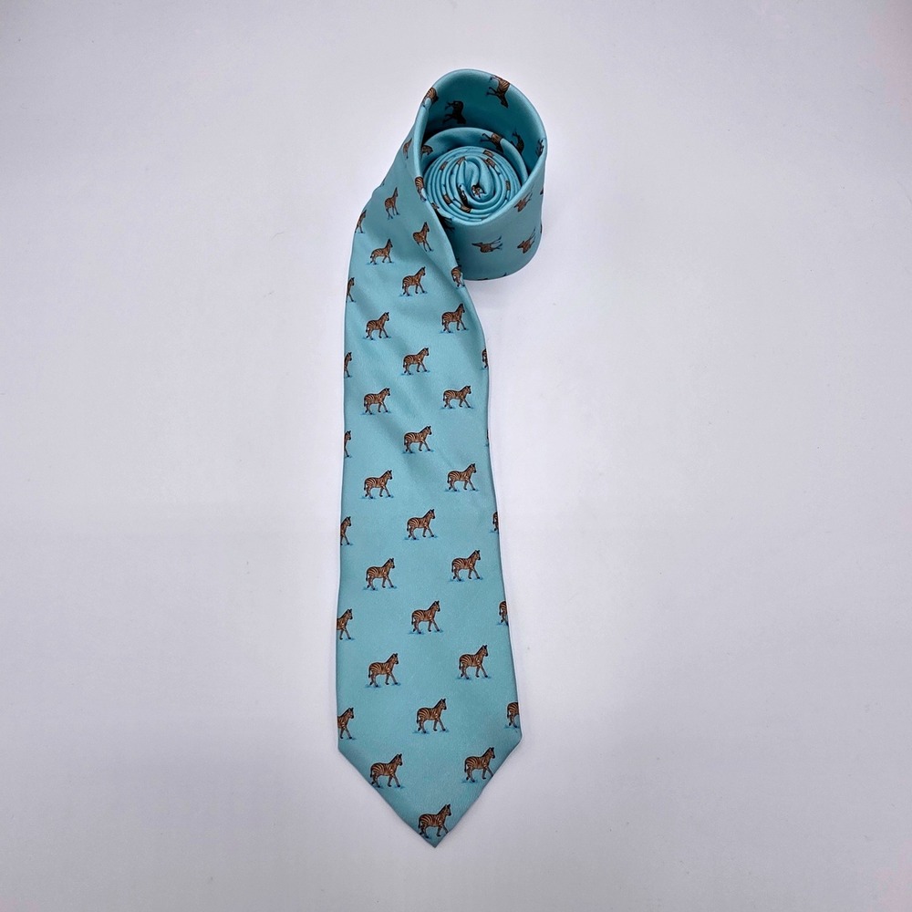 Peter Millar Mens Silk Tie Light Blue Zebra Animal Print Made in Italy RN 100308